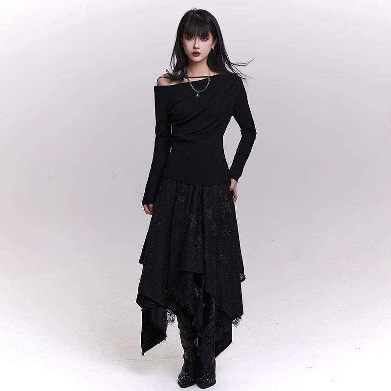 Women’s Off-White Lace Maxi Skirt – Butterfly Detail Irregular Hem A-Line Skirt