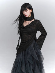 Women’s Black Long Sleeve Blouse with Cut-Out Detail – Lightweight Swing Collar Top for Fall