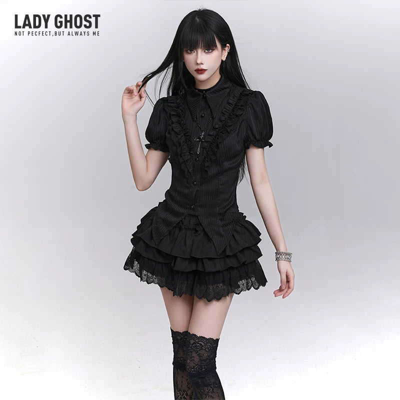 Women’s Black Puff Sleeve Short Sleeve Top – Gothic Style for Summer