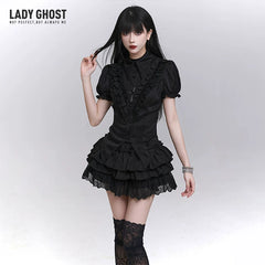 Women’s Black Puff Sleeve Short Sleeve Top – Gothic Style for Summer