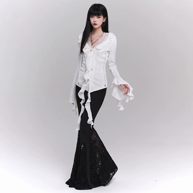 Women’s Black High-Waisted Flared Pants with Cross Detail – Gothic Style Wide Leg Trousers