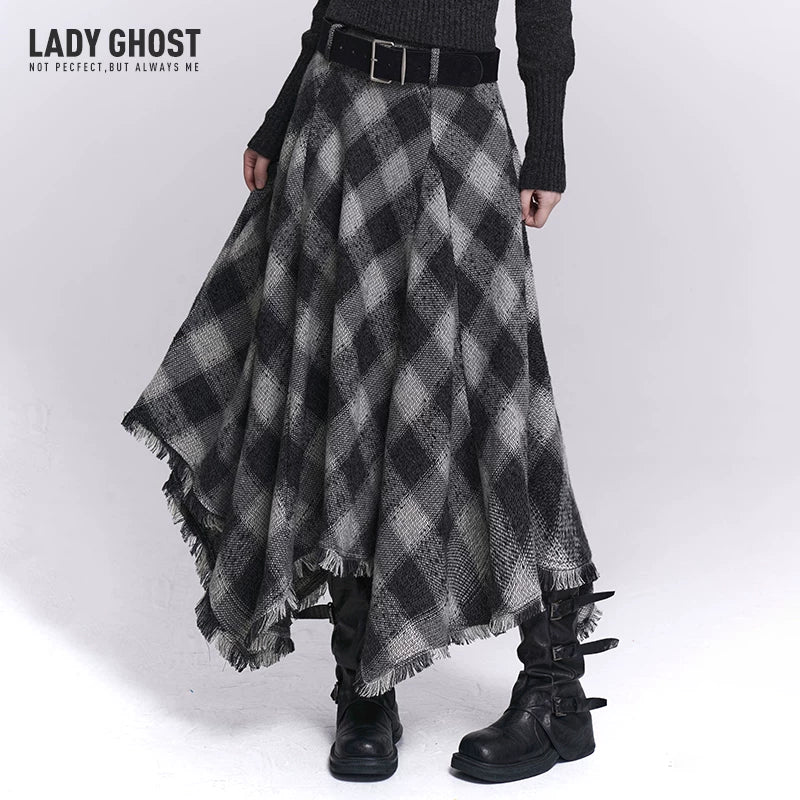 Women’s Black & Gray Plaid Cotton Linen Maxi Skirt – A-Line Long Skirt