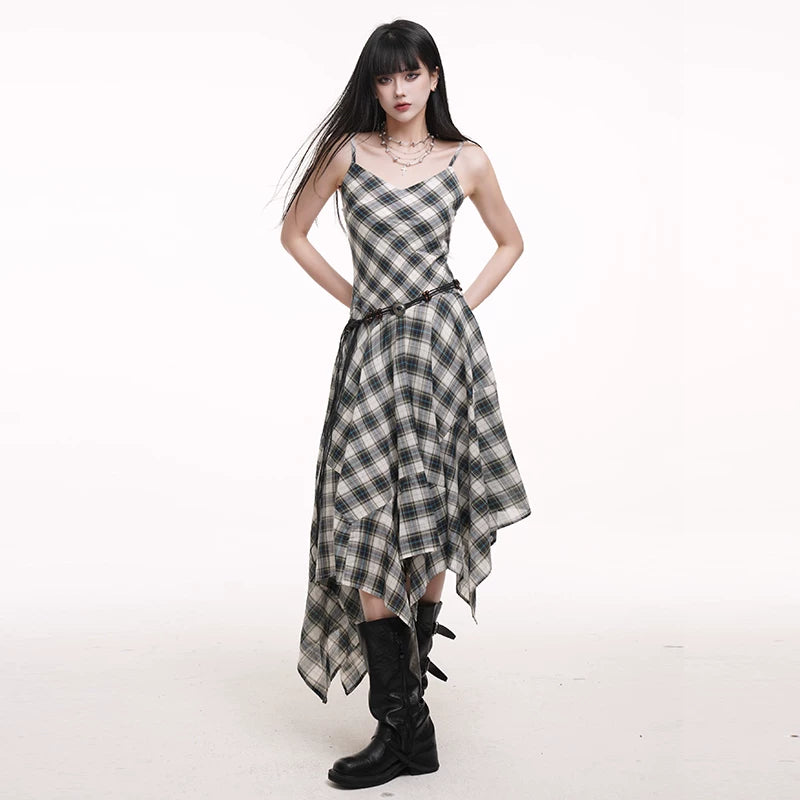 Plaid Asymmetrical Suspender Maxi Dress for Women – A-Line Flowy Long Dress