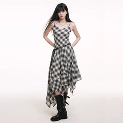 Plaid Asymmetrical Suspender Maxi Dress for Women – A-Line Flowy Long Dress