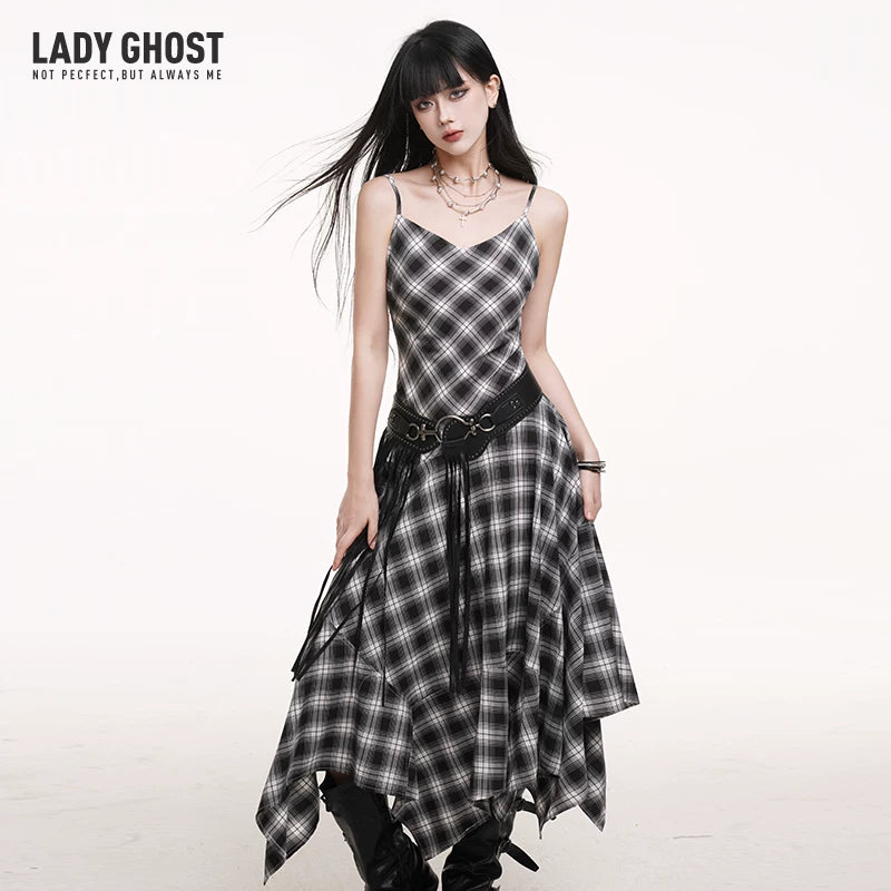 Black and White Plaid Suspender Mini Dress for Women – Asymmetrical A-Line Dress