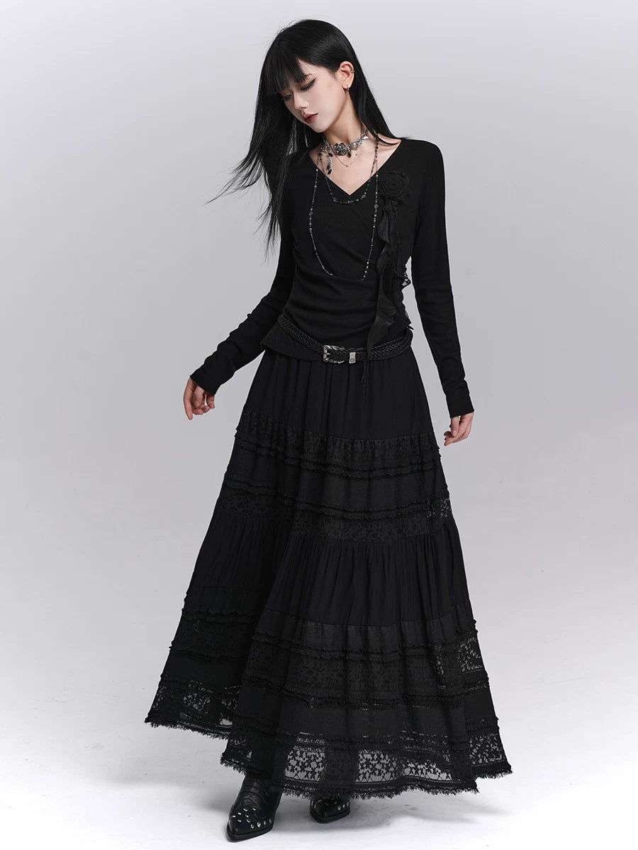 Black Lace A-Line Maxi Skirt for Women – High-Waisted Skirt