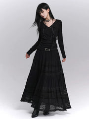 Black Lace A-Line Maxi Skirt for Women – High-Waisted Skirt