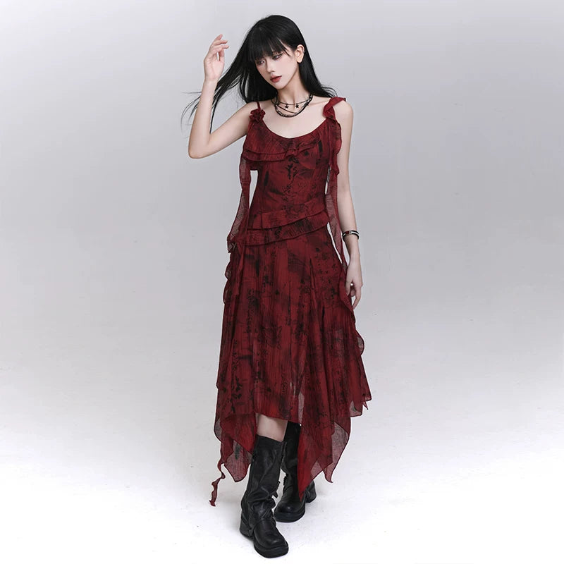 Red Suspender Maxi Dress for Women – Gothic-Inspired A-Line Summer Dress