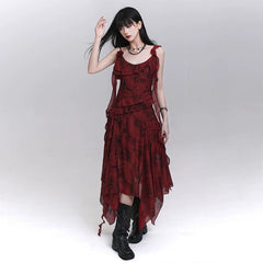 Red Suspender Maxi Dress for Women – Gothic-Inspired A-Line Summer Dress