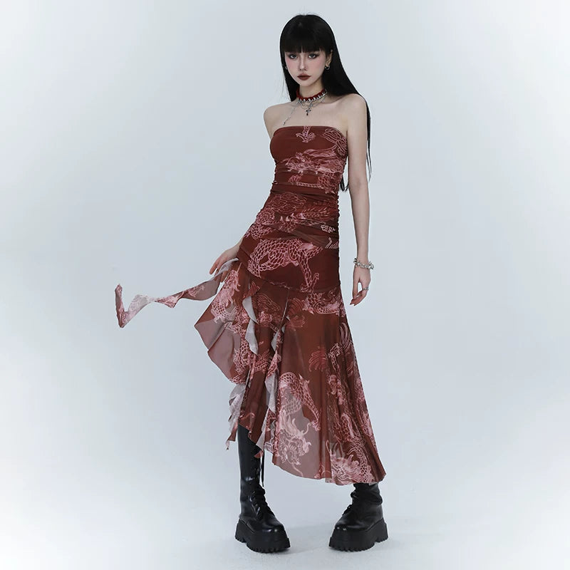 Red Asymmetrical Suspender Maxi Dress for Women – Gothic-Inspired A-Line Dress