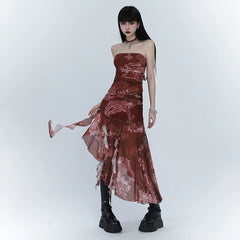 Red Asymmetrical Suspender Maxi Dress for Women – Gothic-Inspired A-Line Dress