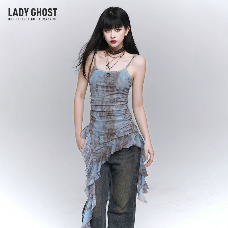 Black Ruffled Camisole Top for Women – Sleeveless Asymmetrical Hem Top