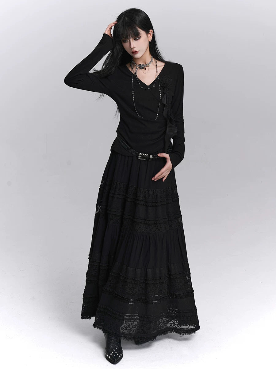 Black V-Neck Long Sleeve Top for Women – Fitted Slim Top