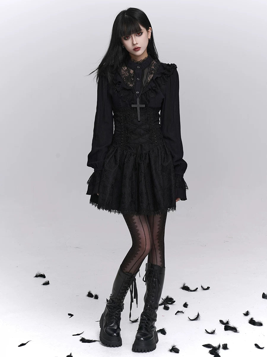 Women’s Black Long Sleeve Blouse – Gothic Style Structured Top