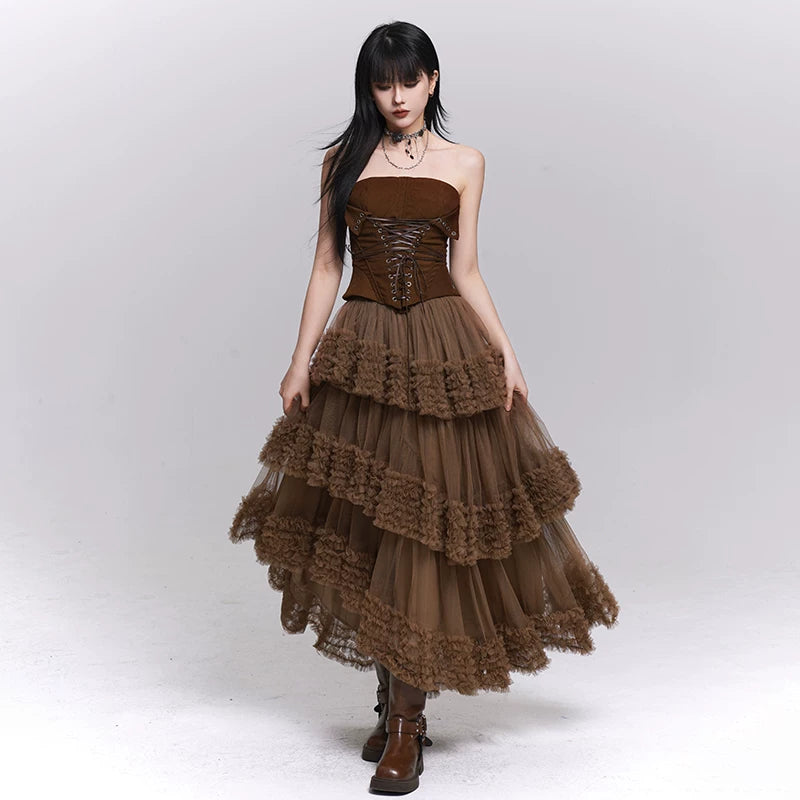 Women’s Brown Tiered Tulle Maxi Skirt – A-Line Puffy Long Skirt