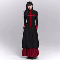 Women’s Black and Red Floral Maxi Skirt – A-Line Fall Winter Skirt