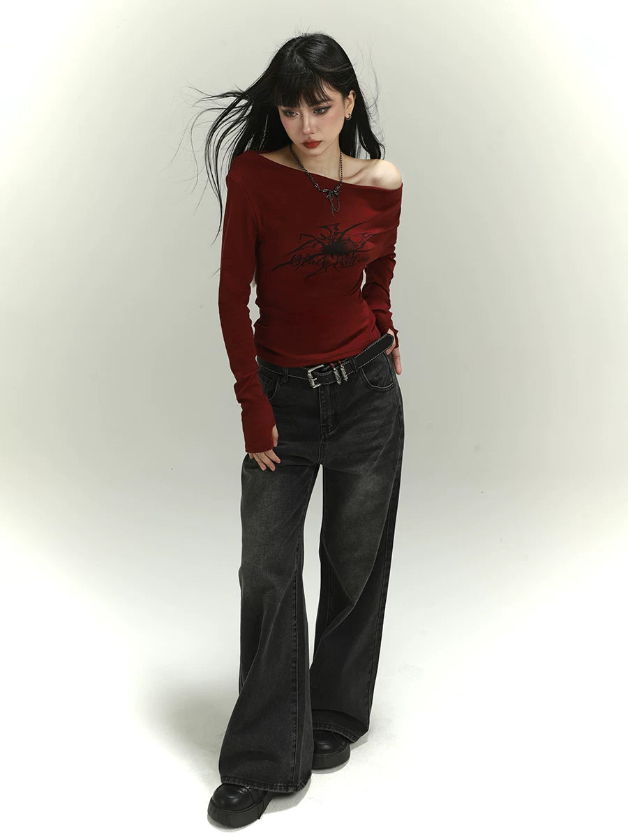Women’s Burgundy One-Shoulder Top – Asymmetrical Slim Fit Shirt