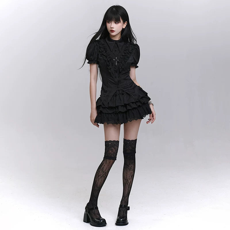 Women’s Black Puff Sleeve Short Sleeve Top – Gothic Style for Summer