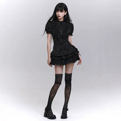 Women’s Black Puff Sleeve Short Sleeve Top – Gothic Style for Summer