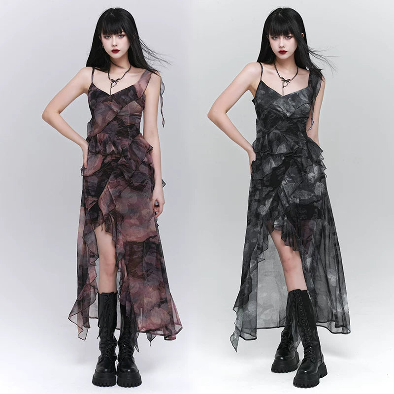 Purple Asymmetrical Suspender Maxi Dress for Women – Gothic-Inspired A-Line Dress