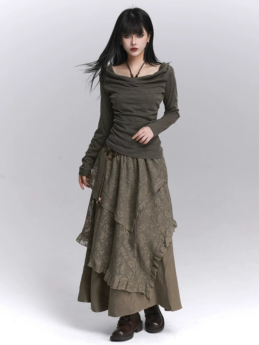 Brown High-Waisted Lace Maxi Skirt for Women – Layered A-Line Long Skirt
