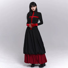 Women’s Black Gothic Cross Top – Half Turtleneck Long Sleeve Layering Top