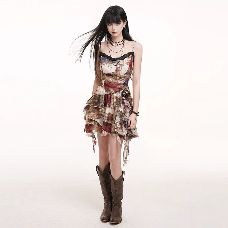 Asymmetrical Suspender Mini Dress for Women – Gothic-Inspired Summer Dress