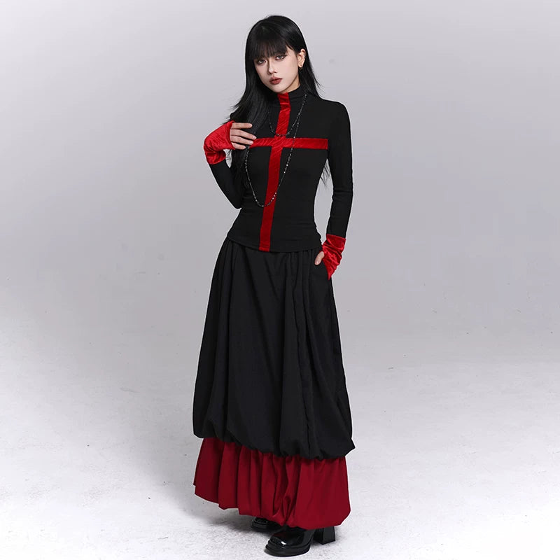 Women’s Black Gothic Cross Top – Half Turtleneck Long Sleeve Layering Top