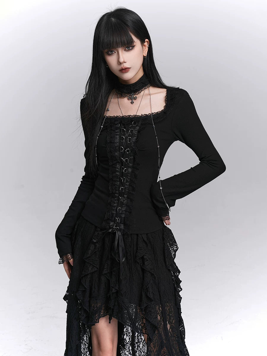 Black Fitted Gothic Long Sleeve Top for Women – Base Layer Top