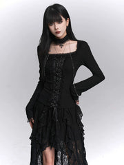 Black Fitted Gothic Long Sleeve Top for Women – Base Layer Top
