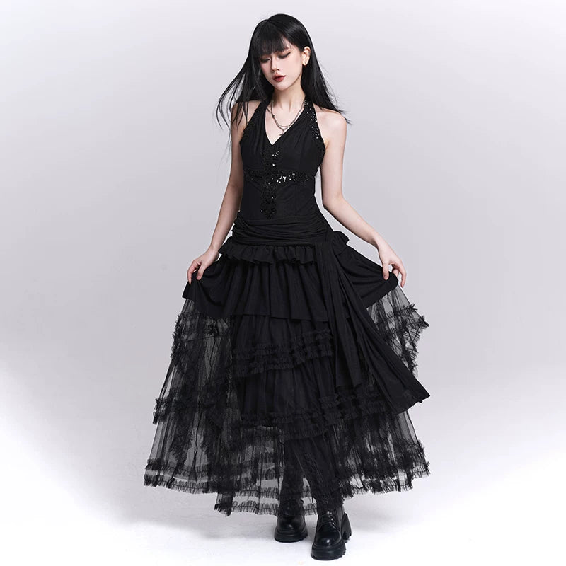 Women’s Black Mesh Maxi Skirt – Tiered Asymmetrical Long Skirt