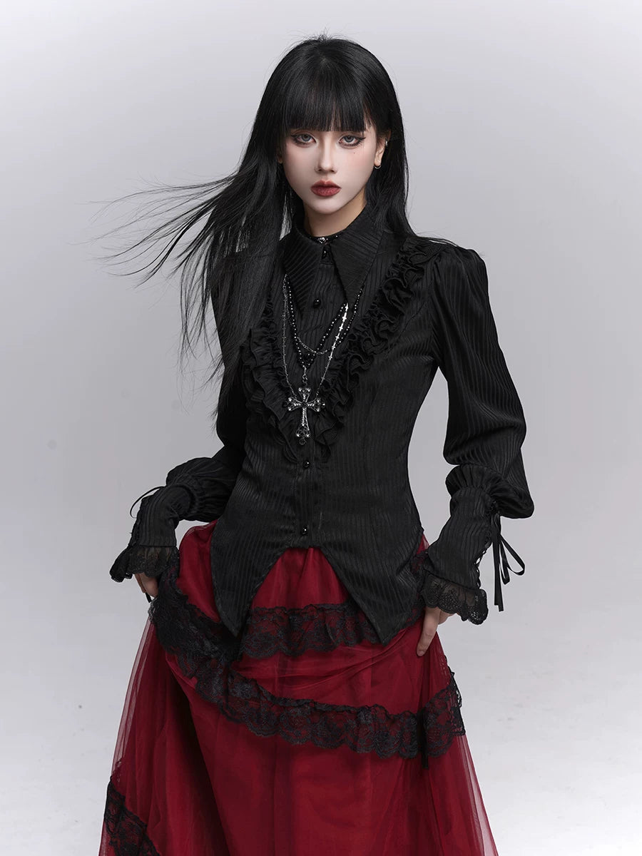 Black Long Sleeve Top for Women – Gothic-Inspired Fitted Shirt