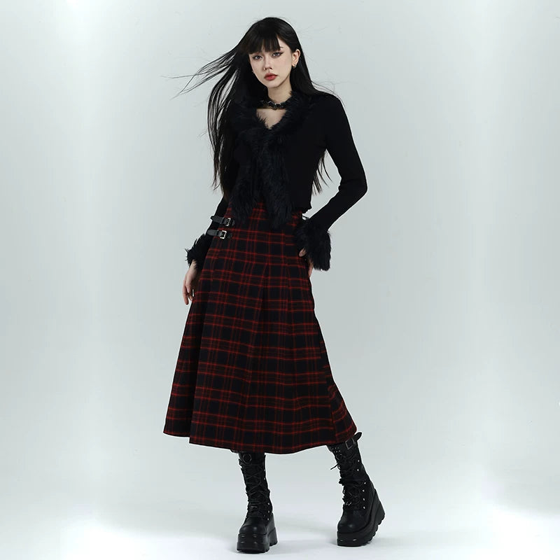 Black and Red Plaid Maxi Skirt for Women – Gothic-Inspired A-Line Skirt
