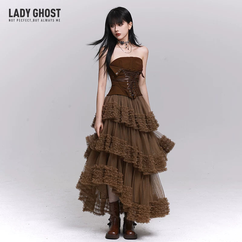 Women’s Brown Tiered Tulle Maxi Skirt – A-Line Puffy Long Skirt