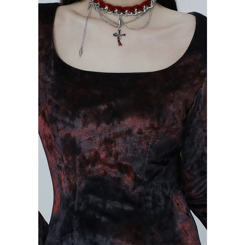 Red Velvet Fishtail Maxi Dress for Women – Elegant Long Sleeve Dress