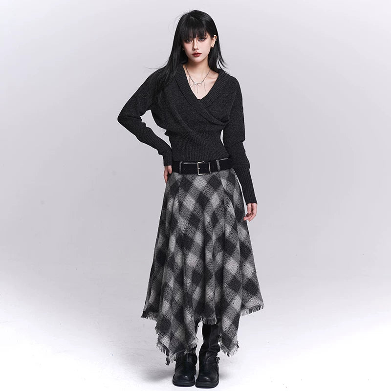 Women’s Black & Gray Plaid Cotton Linen Maxi Skirt – A-Line Long Skirt