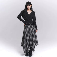 Women’s Black & Gray Plaid Cotton Linen Maxi Skirt – A-Line Long Skirt