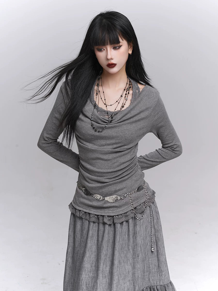 Off-Shoulder Long Sleeve Top for Women – Layered Two-in-One Design