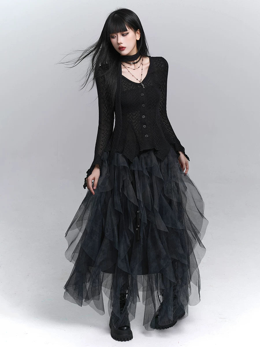 Women’s Black Mesh Midi Skirt with Irregular Hem – High-Waisted for Summer