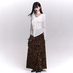 Women’s Brown Velvet Maxi Skirt – Asymmetrical Long Skirt