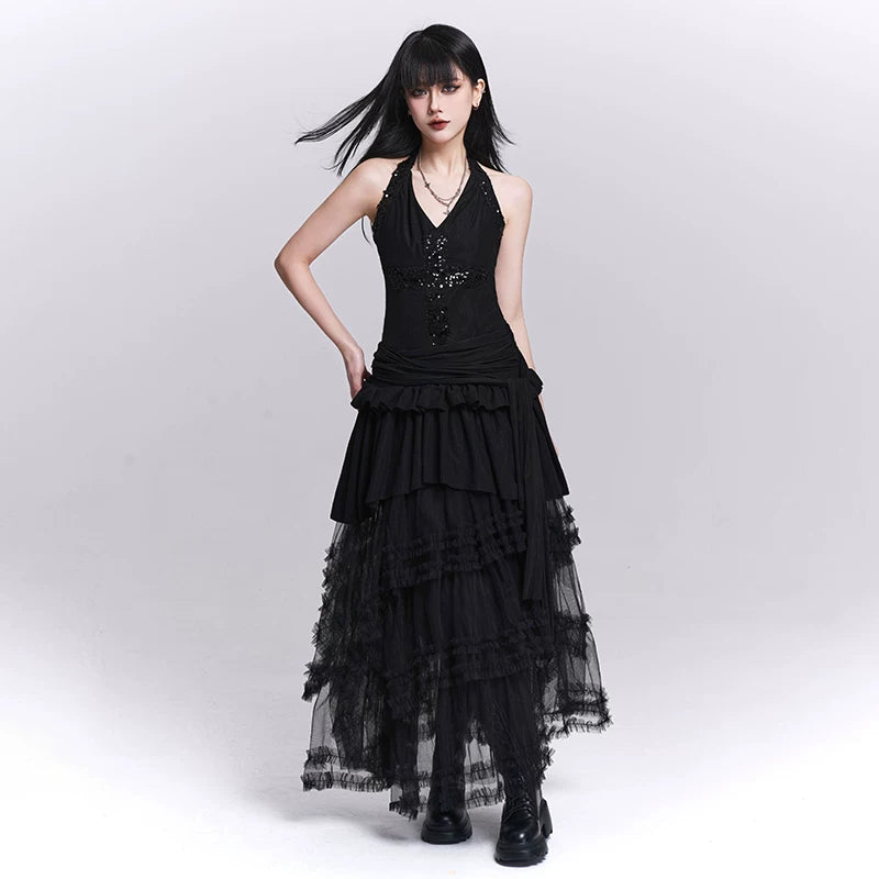 Women’s Black Mesh Maxi Skirt – Tiered Asymmetrical Long Skirt