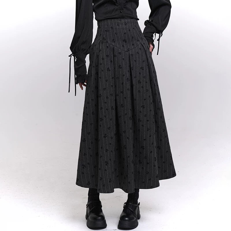 Women’s Gray Striped A-Line Skirt – High Waisted Midi Skirt for Fall