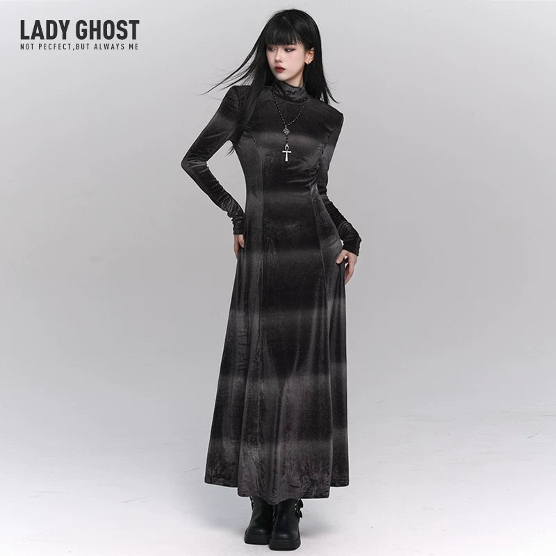 Gray Velvet Midi Dress for Women – Long Sleeve Gothic-Inspired Fall Dress