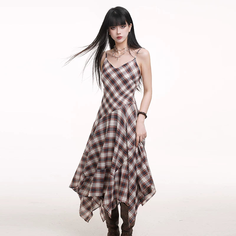 Plaid Asymmetrical Suspender Maxi Dress for Women – A-Line Flowy Long Dress