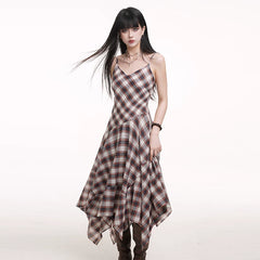 Plaid Asymmetrical Suspender Maxi Dress for Women – A-Line Flowy Long Dress