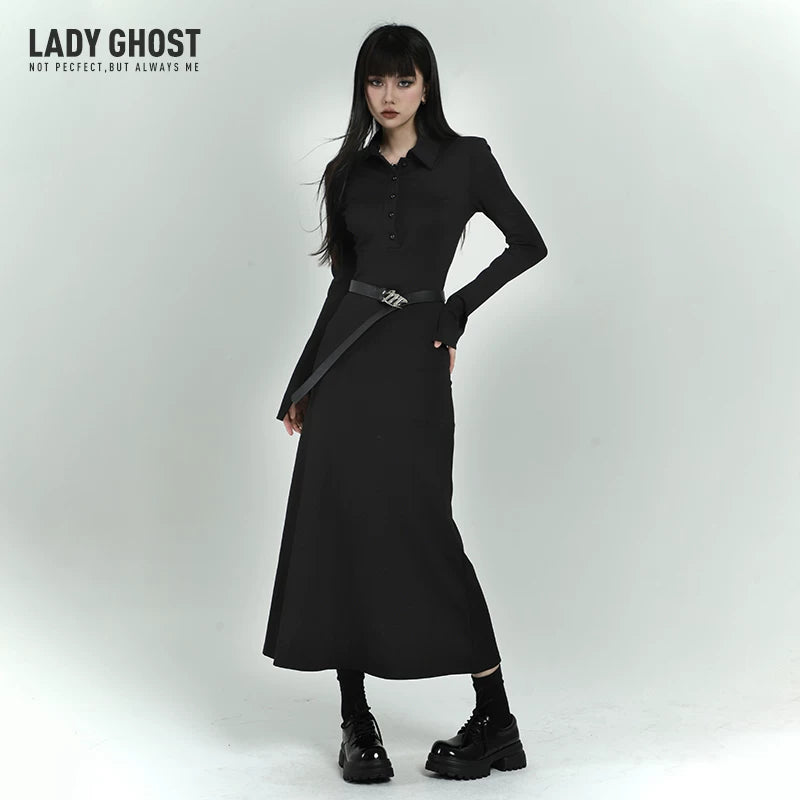 Black Long Sleeve Polo Dress for Women – Fitted Mini Shirt Dress