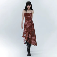 Red Asymmetrical Suspender Maxi Dress for Women – Gothic-Inspired A-Line Dress