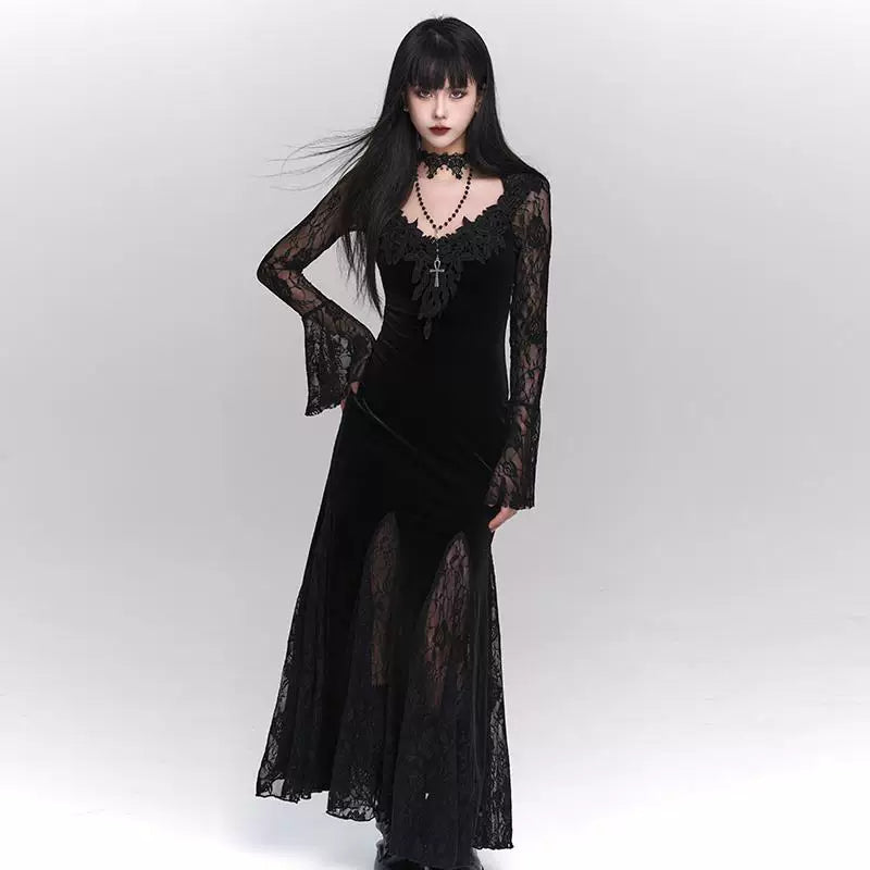 Red Gothic A-Line Maxi Dress for Women – Elegant Long Sleeve Dress
