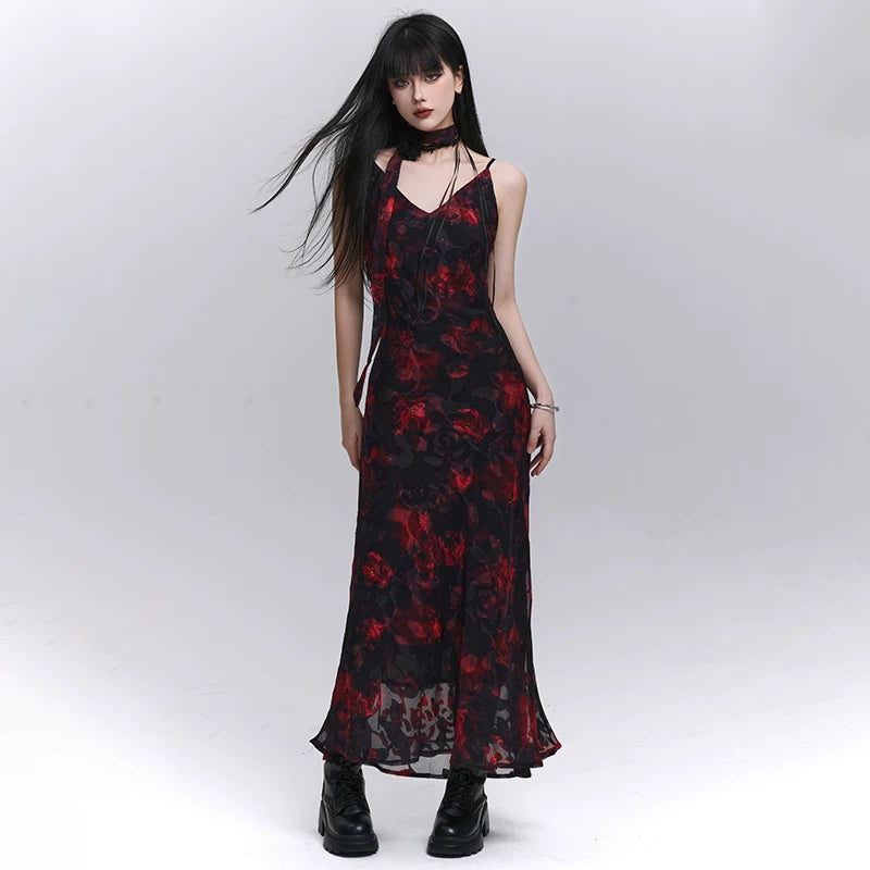 Women’s Black and Red Floral Suspender Midi Dress – A-Line for Summer and Events