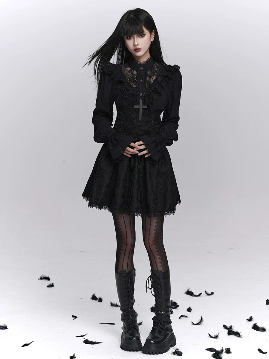 Women’s Black Long Sleeve Blouse – Gothic Style Structured Top